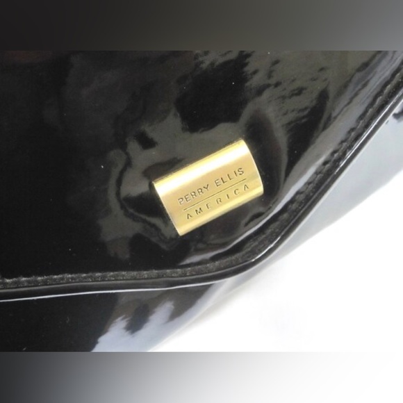 Vintage Glossy Black Purse Perry Ellis Envelope Clutch Shoulder Bag P13 - Picture 2 of 5